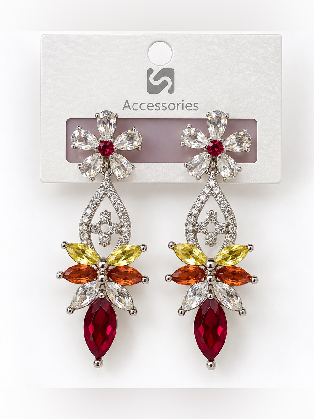 NWT Multicolor Crystal Floral Dangle Statement Earrings Silver Tone